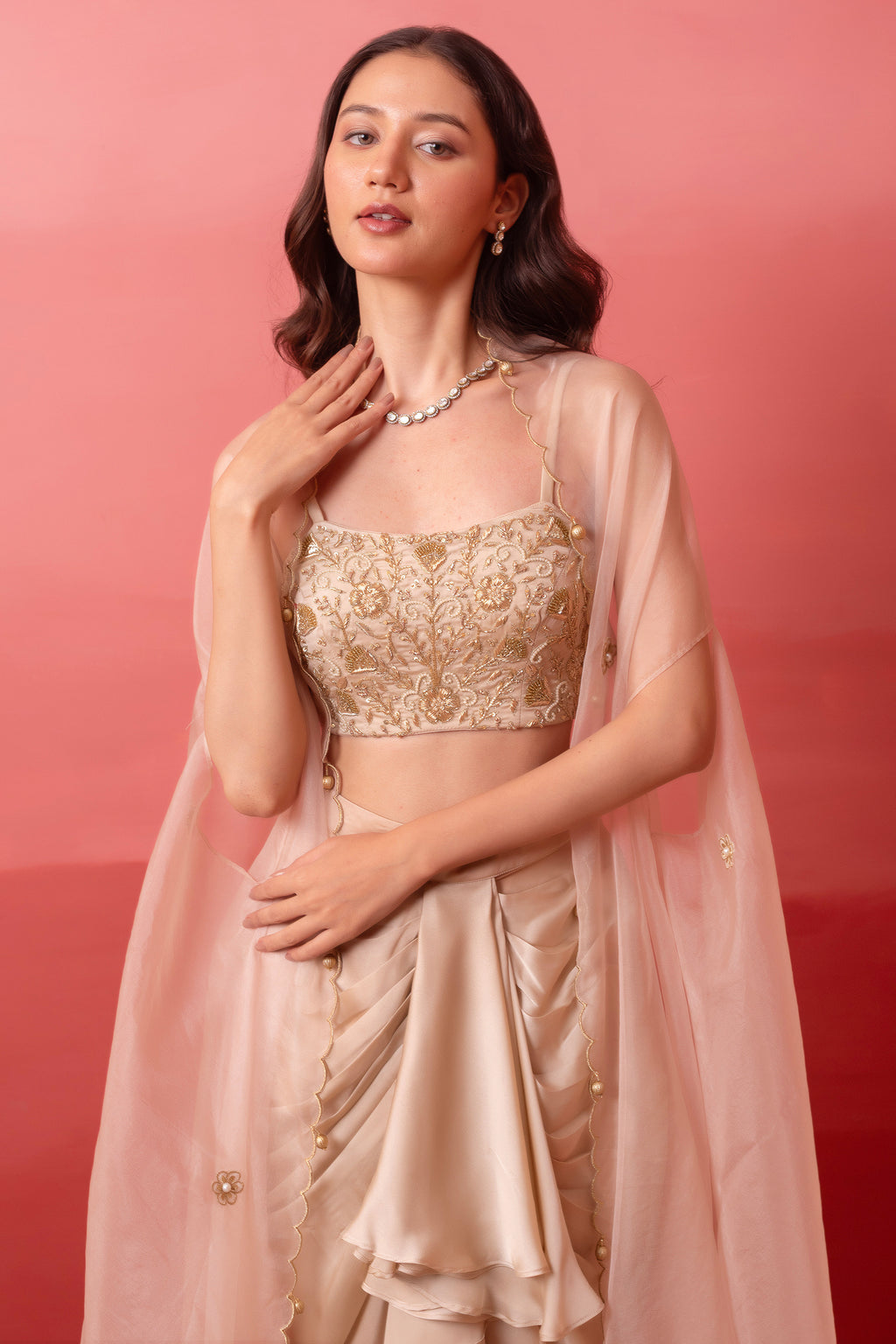 Beige Organza Embroidered Crop Top & Draped Dhoti Set with Cape