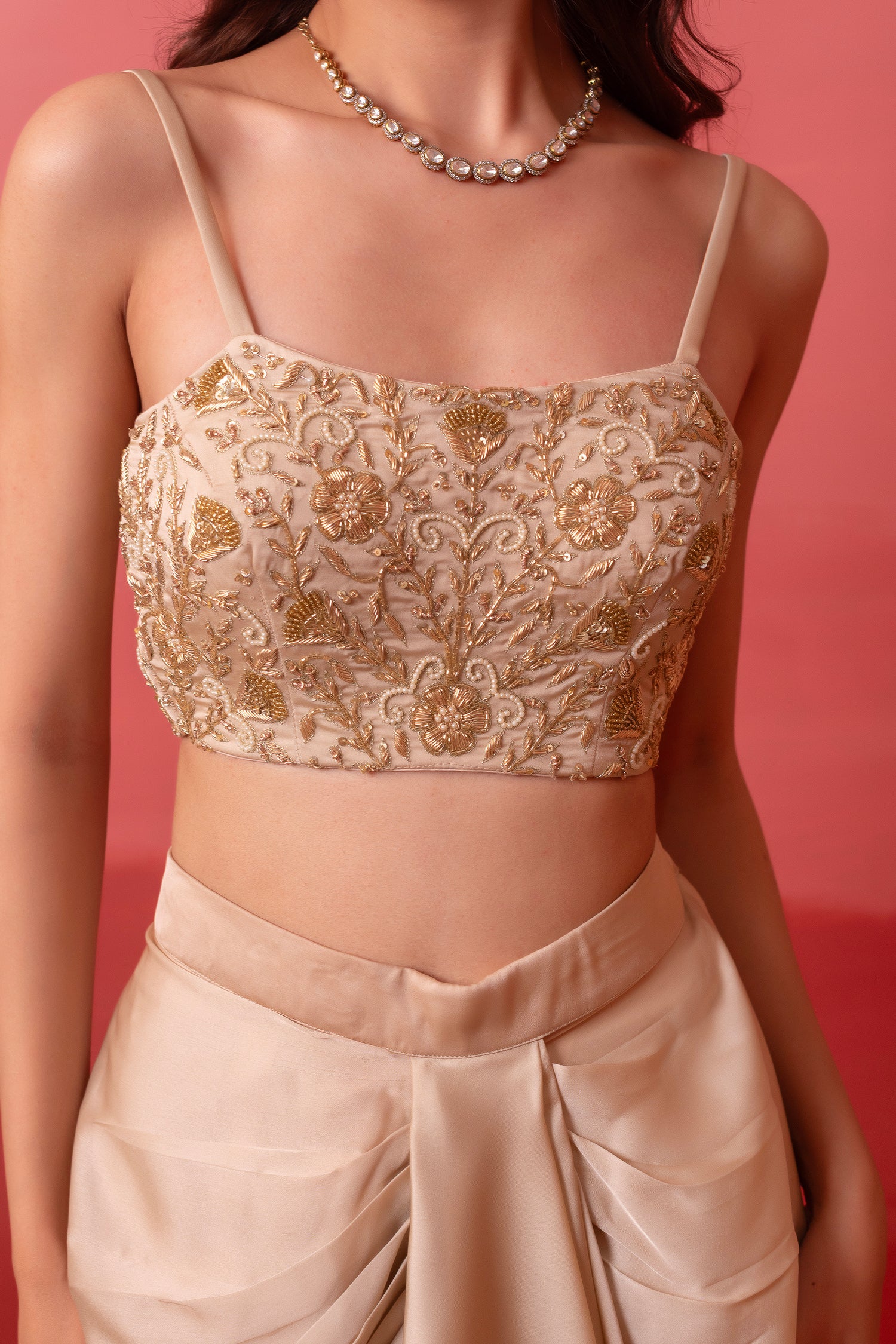 Beige Organza Embroidered Crop Top & Draped Dhoti Set with Cape