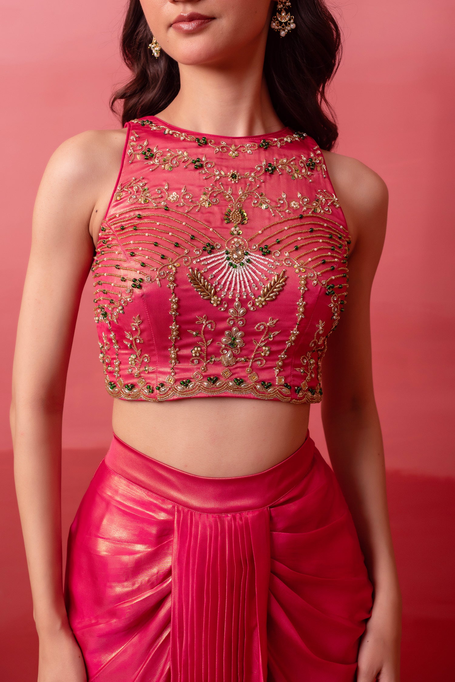 Fuchsia Pink Crepe Draped Set with Embroidered Crop Top & Cape