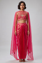 Fuchsia Pink Crepe Draped Set with Embroidered Crop Top & Cape