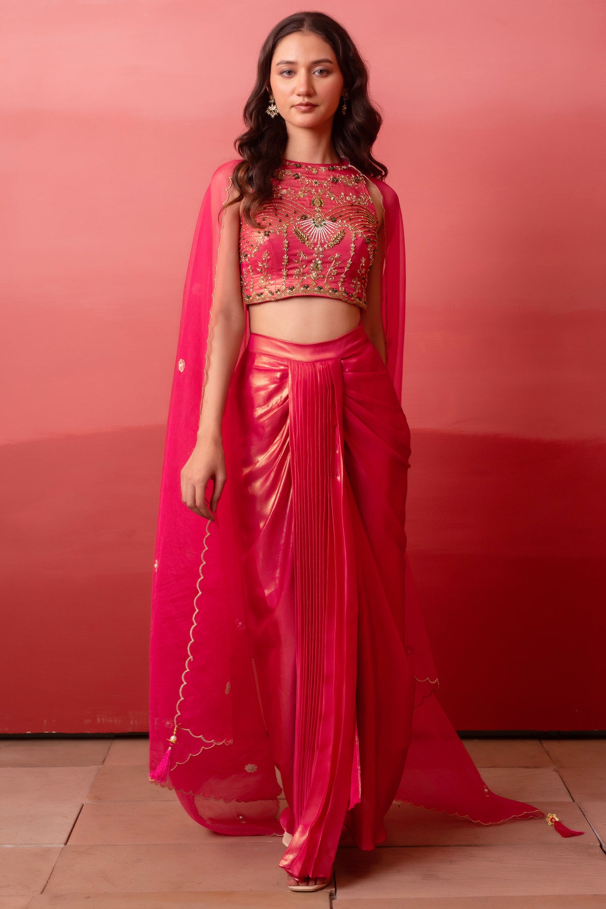 Fuchsia Pink Crepe Draped Set with Embroidered Crop Top & Cape