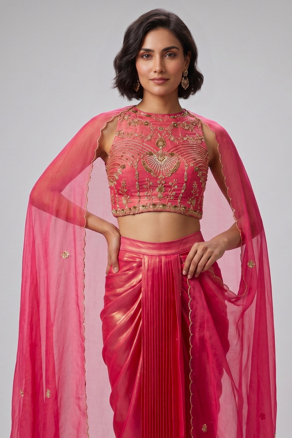 Fuchsia Pink Crepe Draped Set with Embroidered Crop Top & Cape