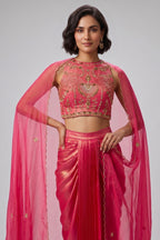 Fuchsia Pink Crepe Draped Set with Embroidered Crop Top & Cape