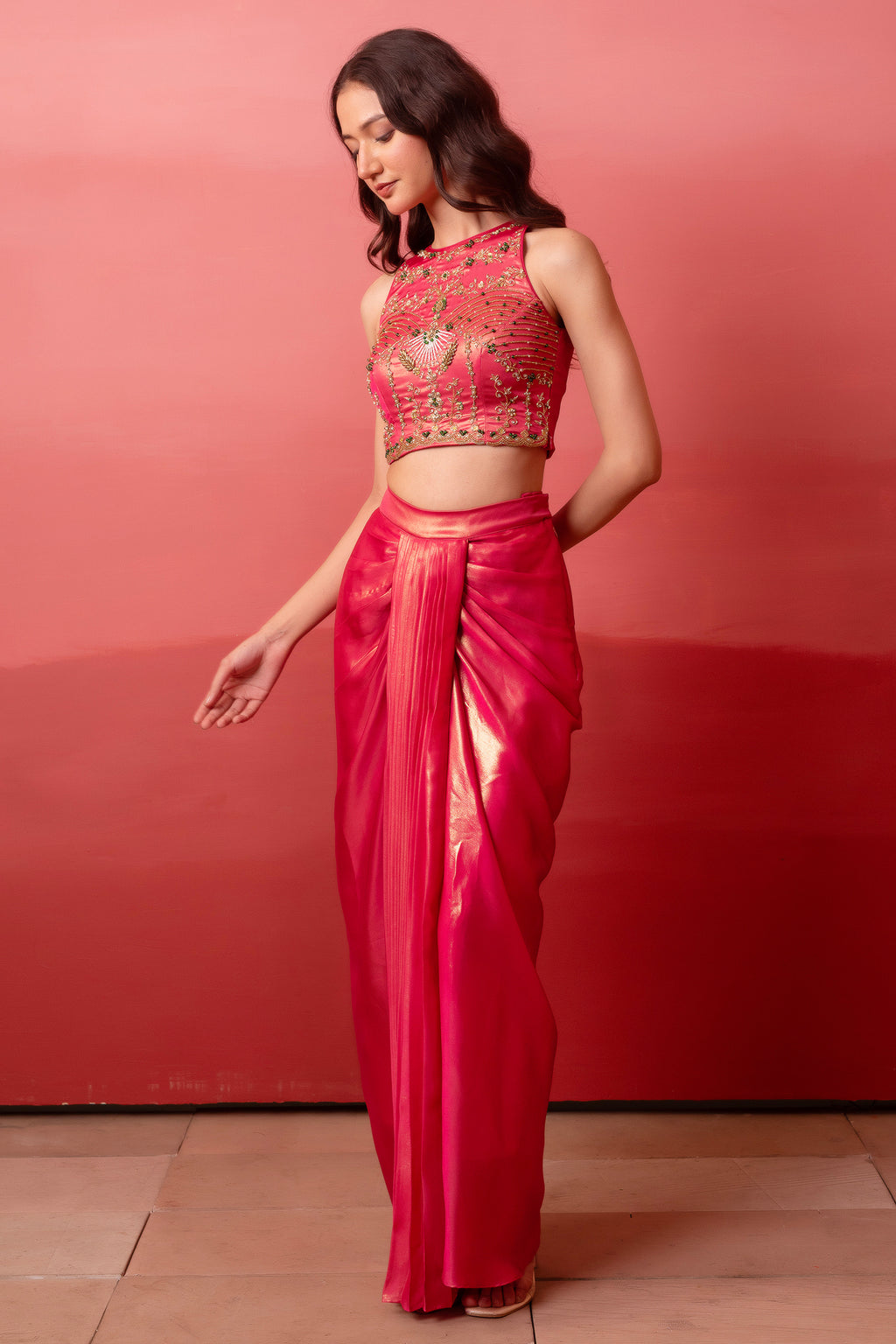 Fuchsia Pink Crepe Draped Set with Embroidered Crop Top & Cape