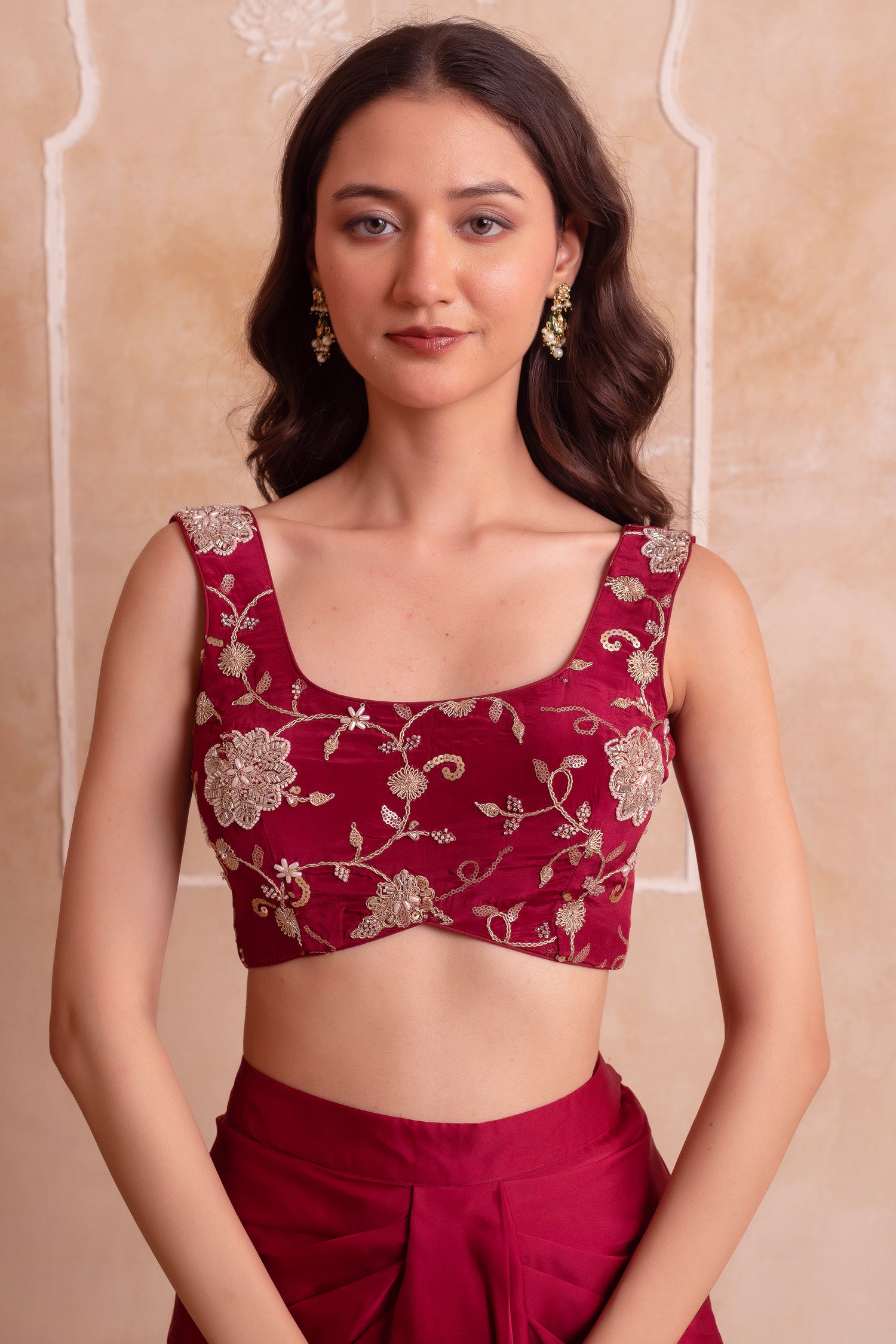 Wine Maroon Satin Draped Dhoti Set with Zari Crop Top & Embroidered Cape