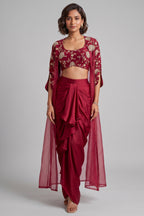 Wine Maroon Satin Draped Dhoti Set with Zari Crop Top & Embroidered Cape