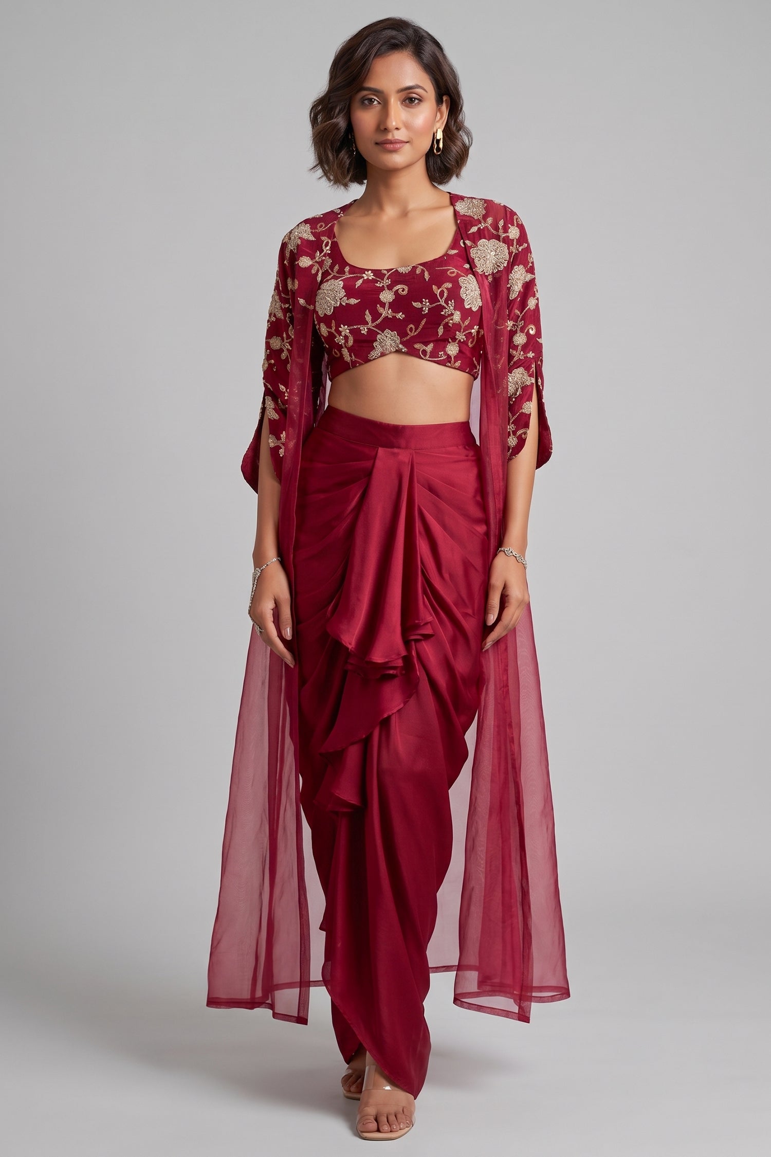 Wine Maroon Satin Draped Dhoti Set with Zari Crop Top & Embroidered Cape