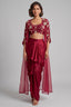 Wine Maroon Satin Draped Dhoti Set with Zari Crop Top & Embroidered Cape