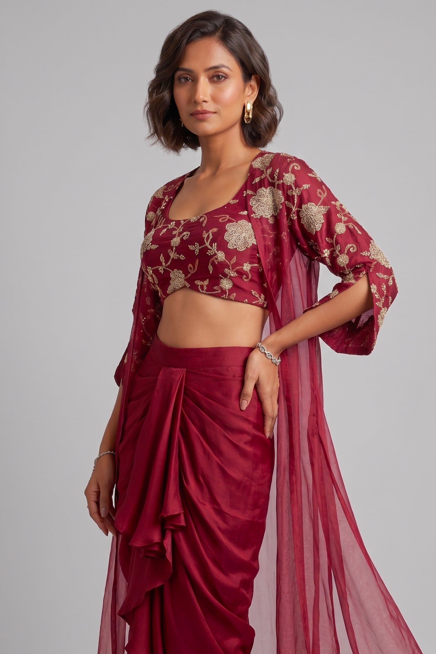 Wine Maroon Satin Draped Dhoti Set with Zari Crop Top & Embroidered Cape Secondary image