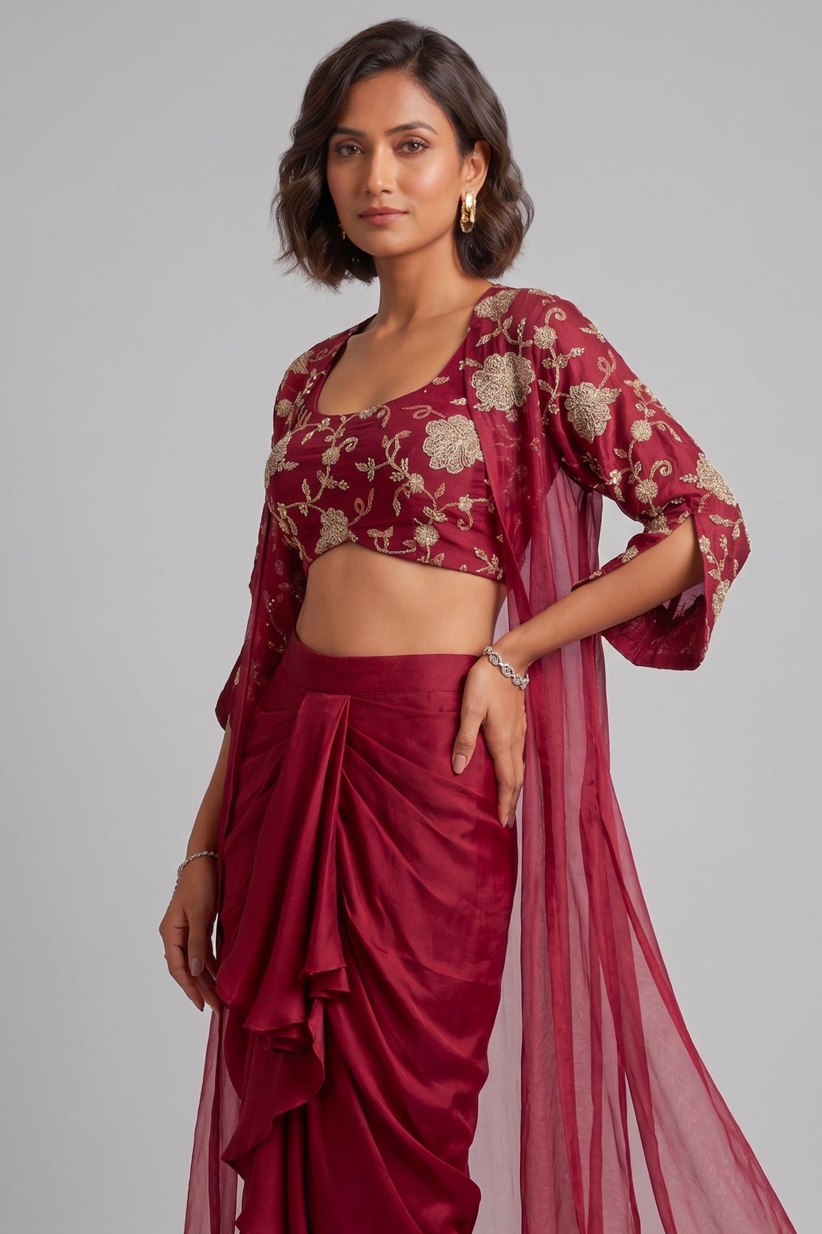 Wine Maroon Satin Draped Dhoti Set with Zari Crop Top & Embroidered Cape