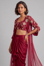 Wine Maroon Satin Draped Dhoti Set with Zari Crop Top & Embroidered Cape