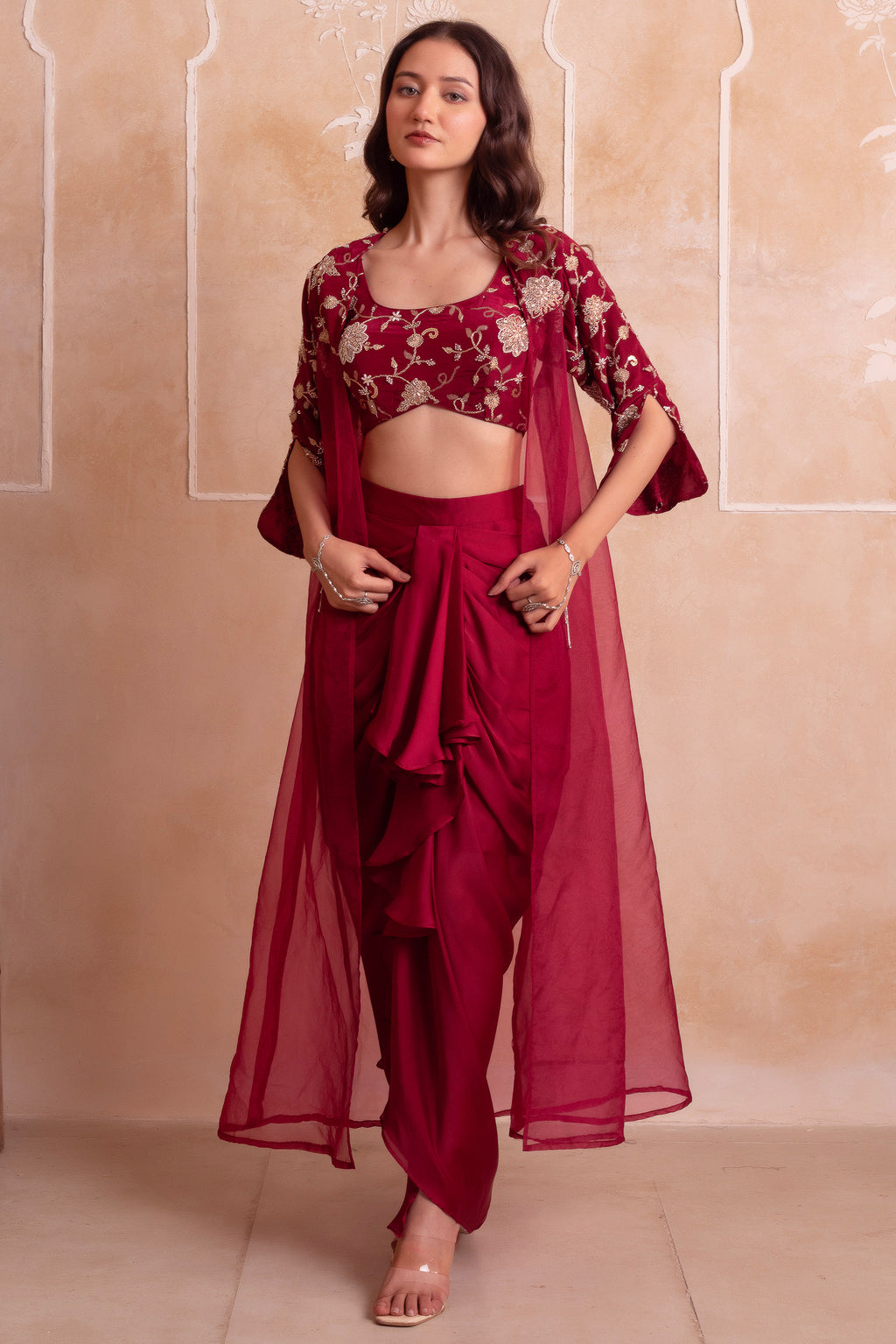 Wine Maroon Satin Draped Dhoti Set with Zari Crop Top & Embroidered Cape