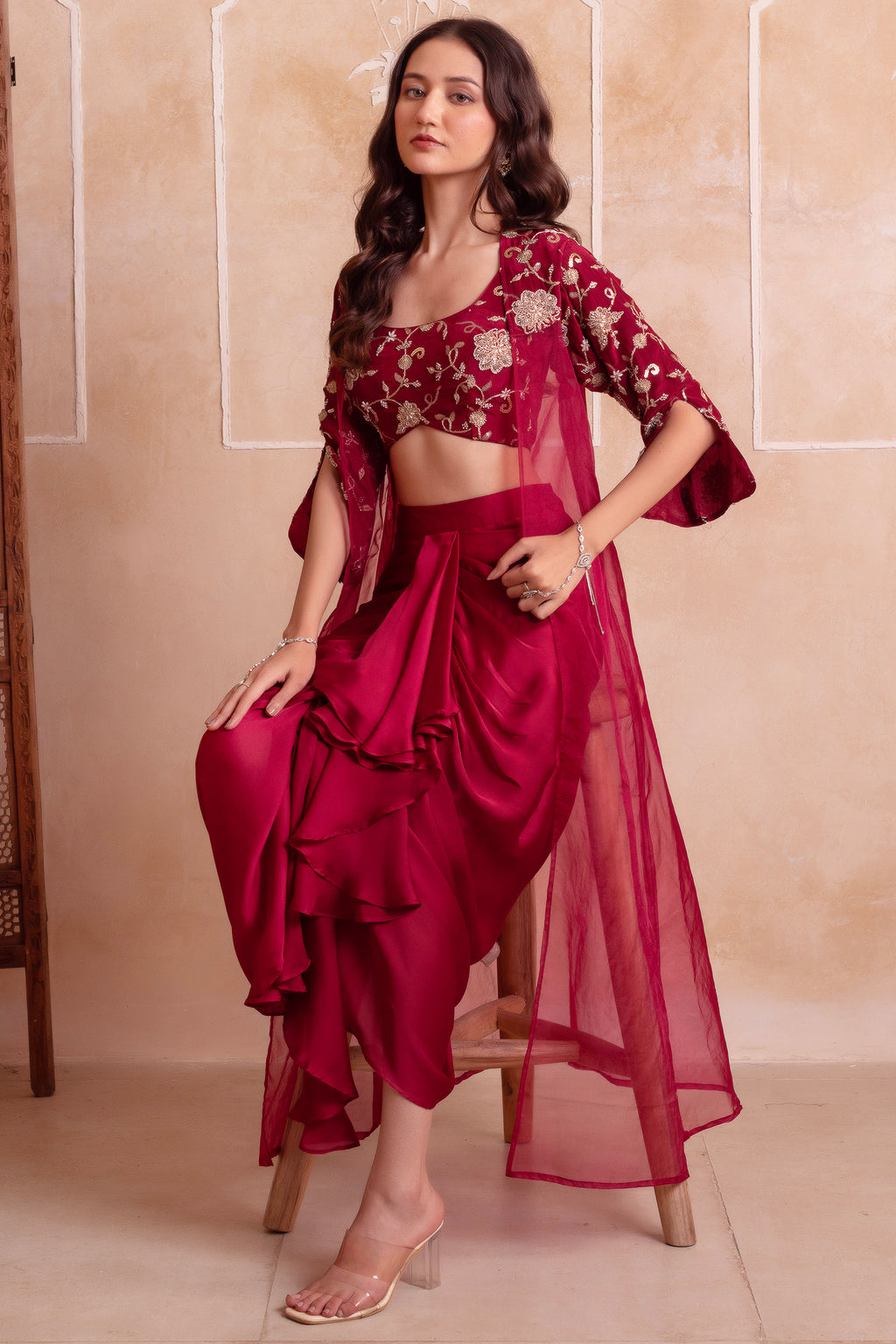 Wine Maroon Satin Draped Dhoti Set with Zari Crop Top & Embroidered Cape