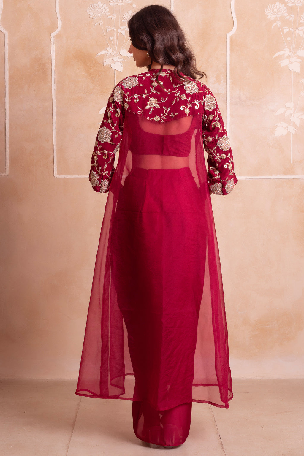 Wine Maroon Satin Draped Dhoti Set with Zari Crop Top & Embroidered Cape