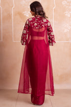 Wine Maroon Satin Draped Dhoti Set with Zari Crop Top & Embroidered Cape