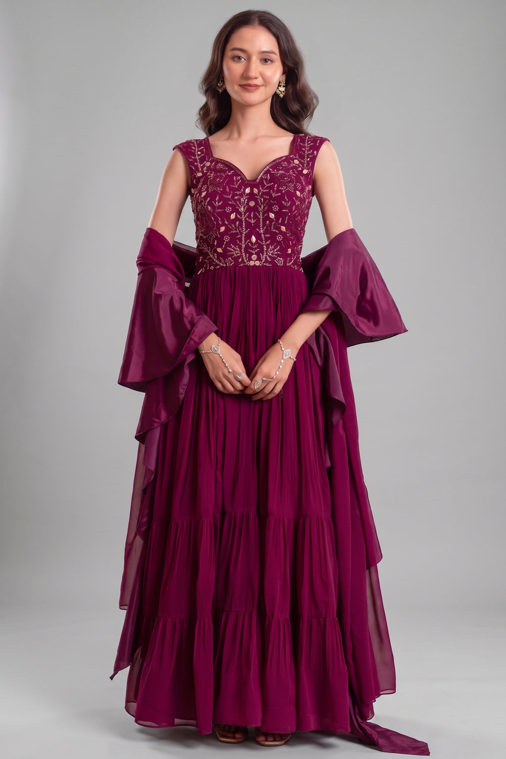 Purple Georgette Tiered Anarkali Suit with Dupatta
