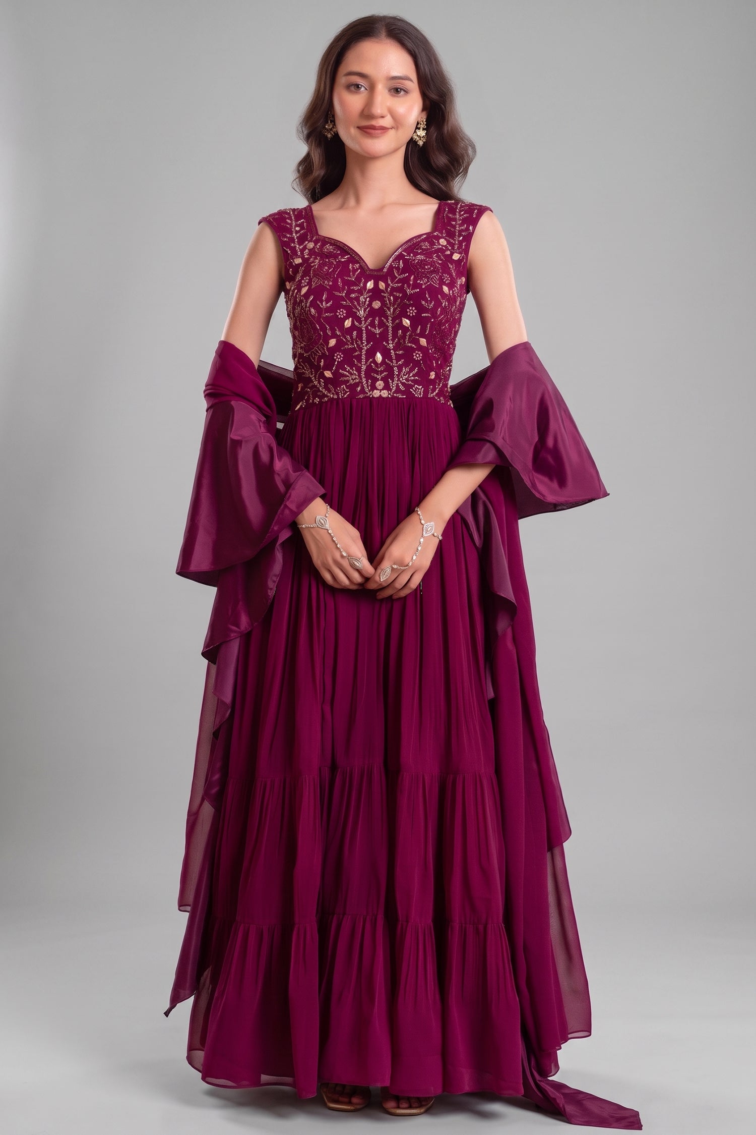Purple Georgette Tiered Anarkali Suit with Dupatta