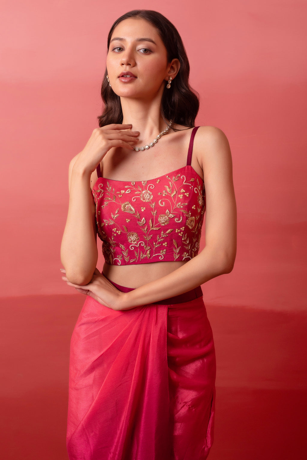 Pink and Wine Two Tone Crepe Draped Dhoti Set with Zari Crop Top & Cape