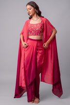 Pink and Wine Two Tone Crepe Draped Dhoti Set with Zari Crop Top & Cape