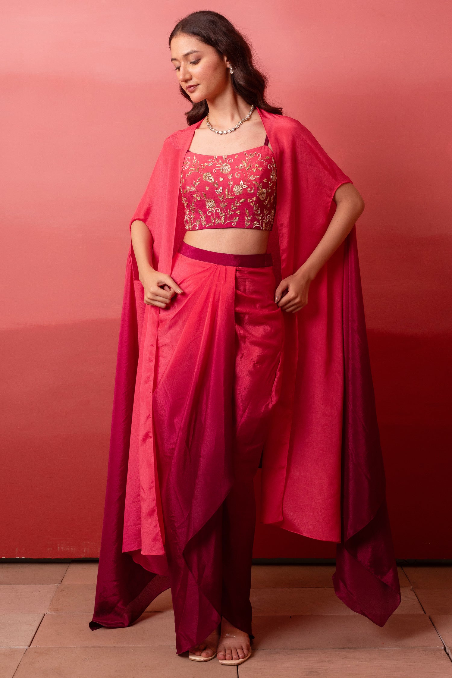Pink and Wine Two Tone Crepe Draped Dhoti Set with Zari Crop Top & Cape