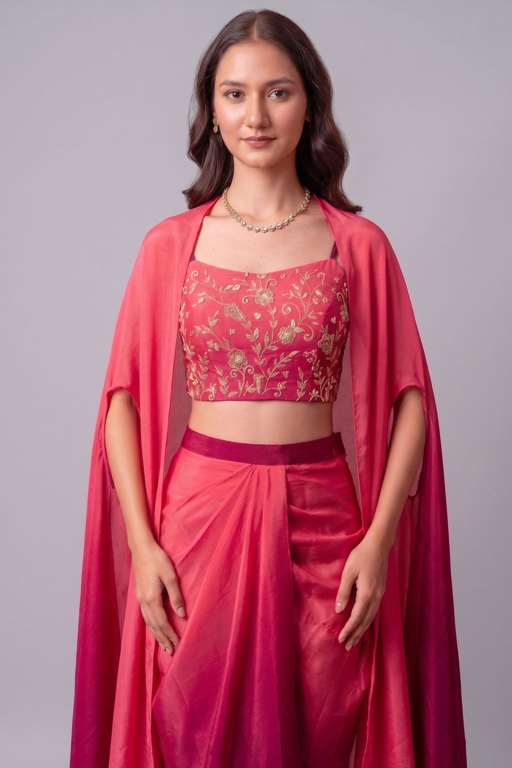 Pink and Wine Two Tone Crepe Draped Dhoti Set with Zari Crop Top & Cape