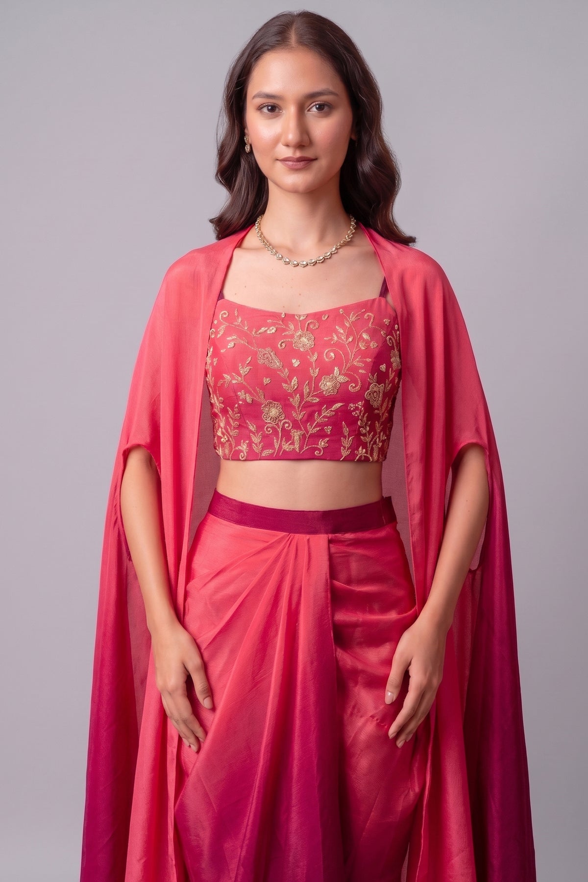 Pink and Wine Two Tone Crepe Draped Dhoti Set with Zari Crop Top & Cape