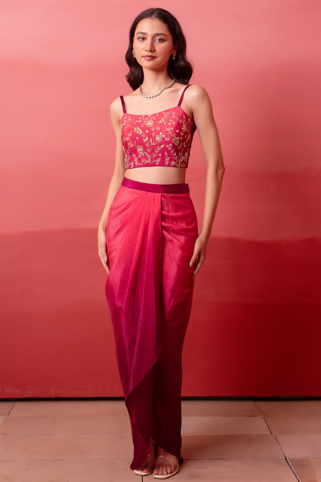 Pink and Wine Two Tone Crepe Draped Dhoti Set with Zari Crop Top & Cape