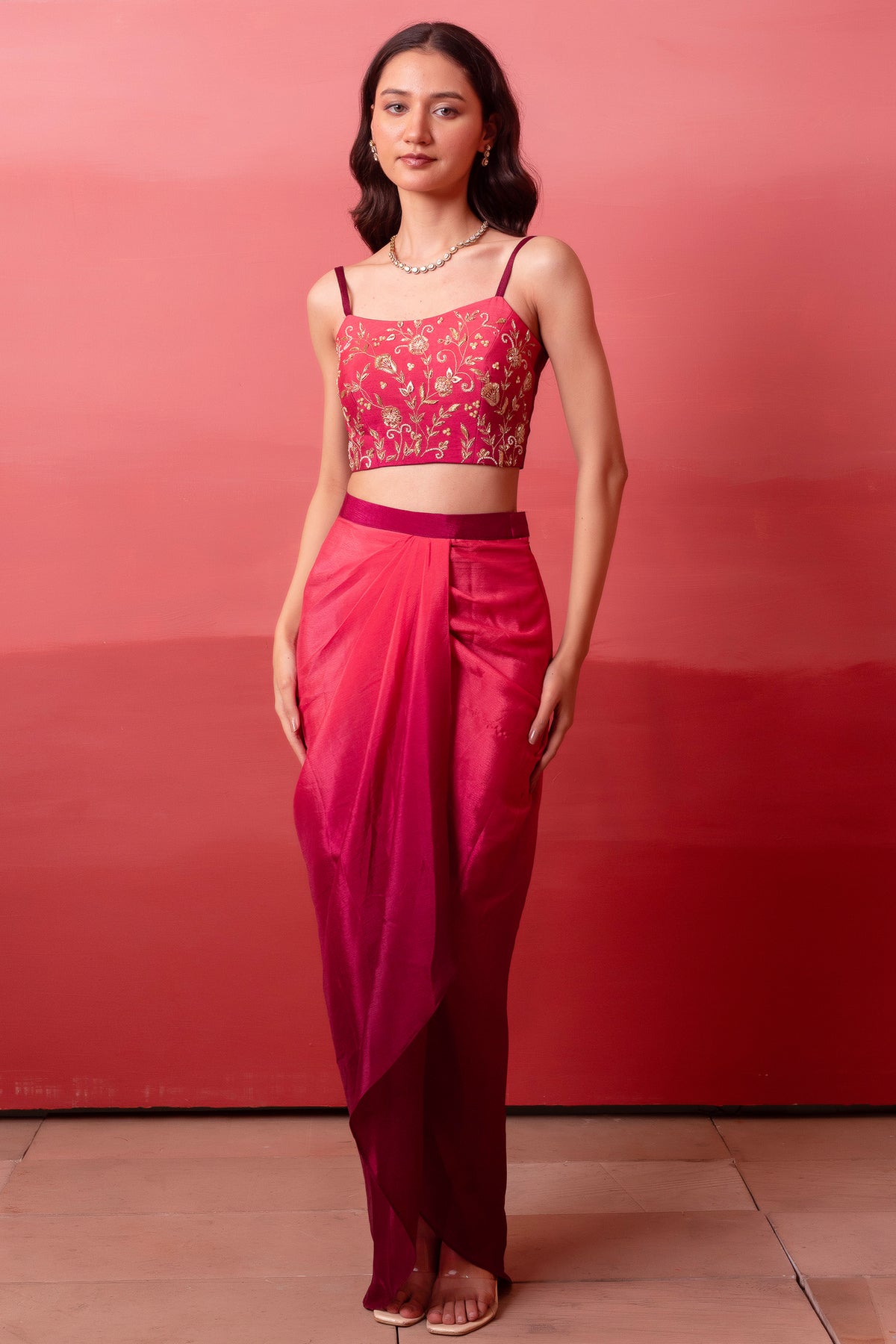 Pink and Wine Two Tone Crepe Draped Dhoti Set with Zari Crop Top & Cape