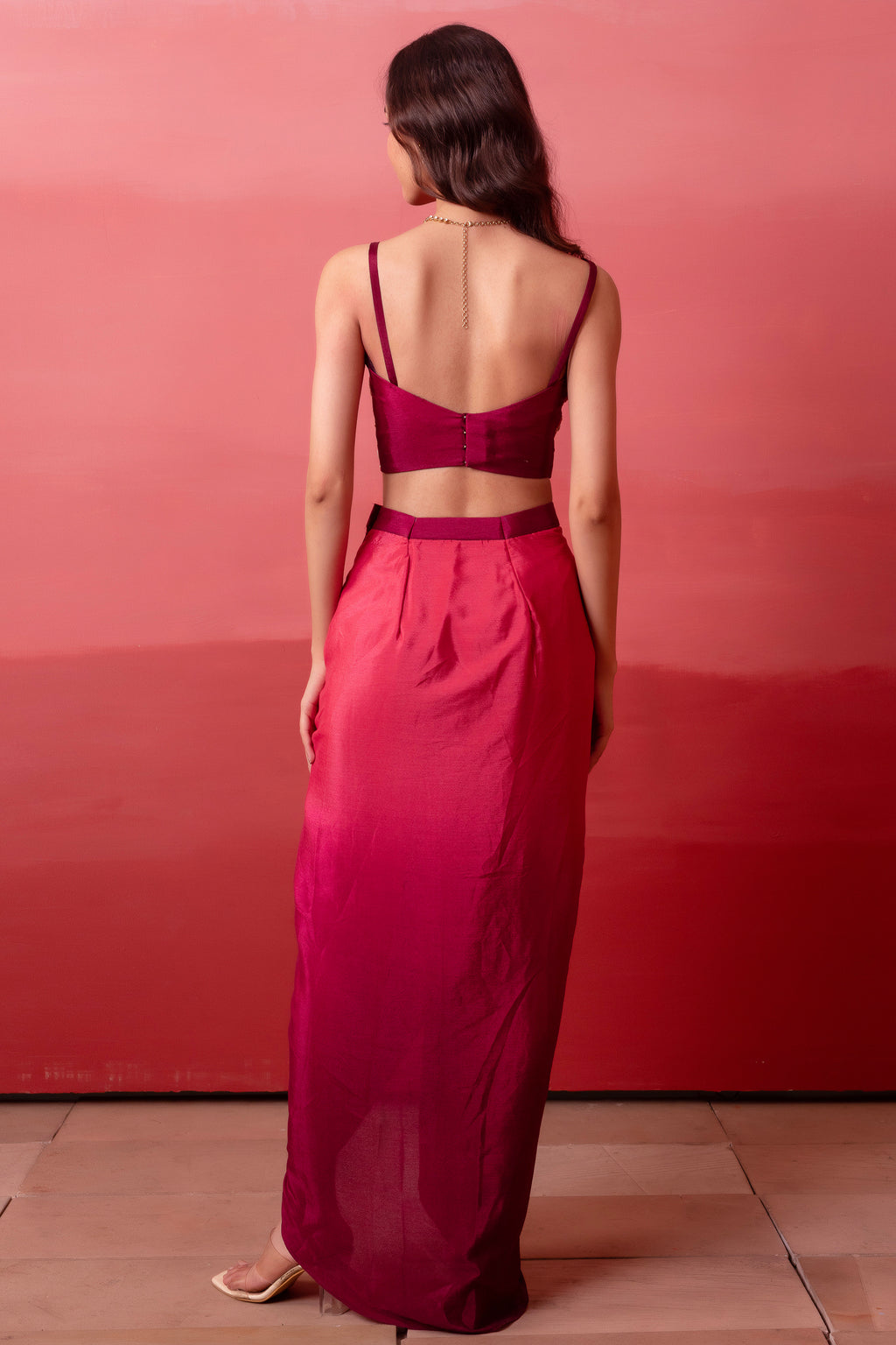 Pink and Wine Two Tone Crepe Draped Dhoti Set with Zari Crop Top & Cape