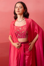 Pink and Wine Two Tone Crepe Draped Dhoti Set with Zari Crop Top & Cape