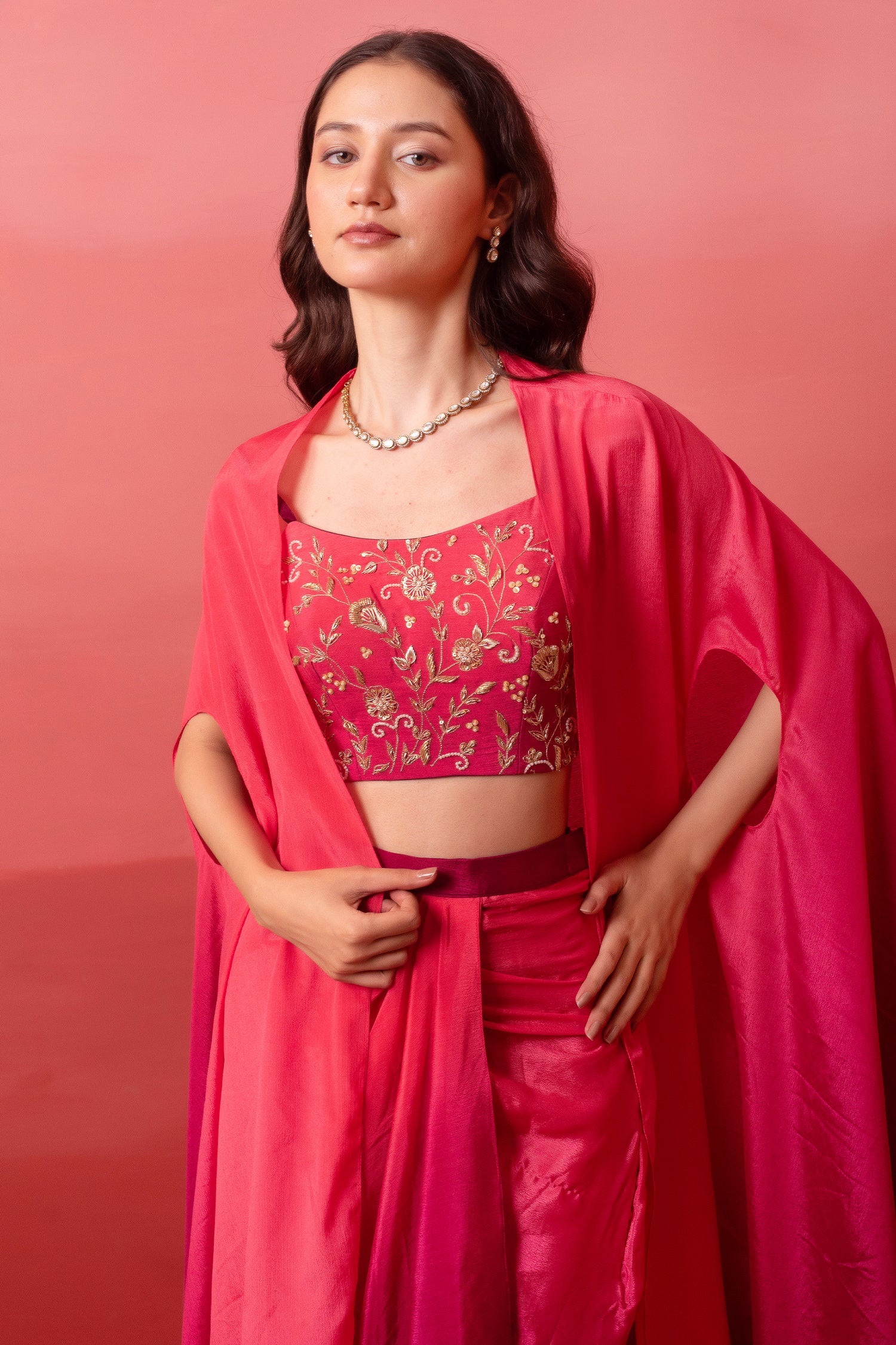 Pink and Wine Two Tone Crepe Draped Dhoti Set with Zari Crop Top & Cape