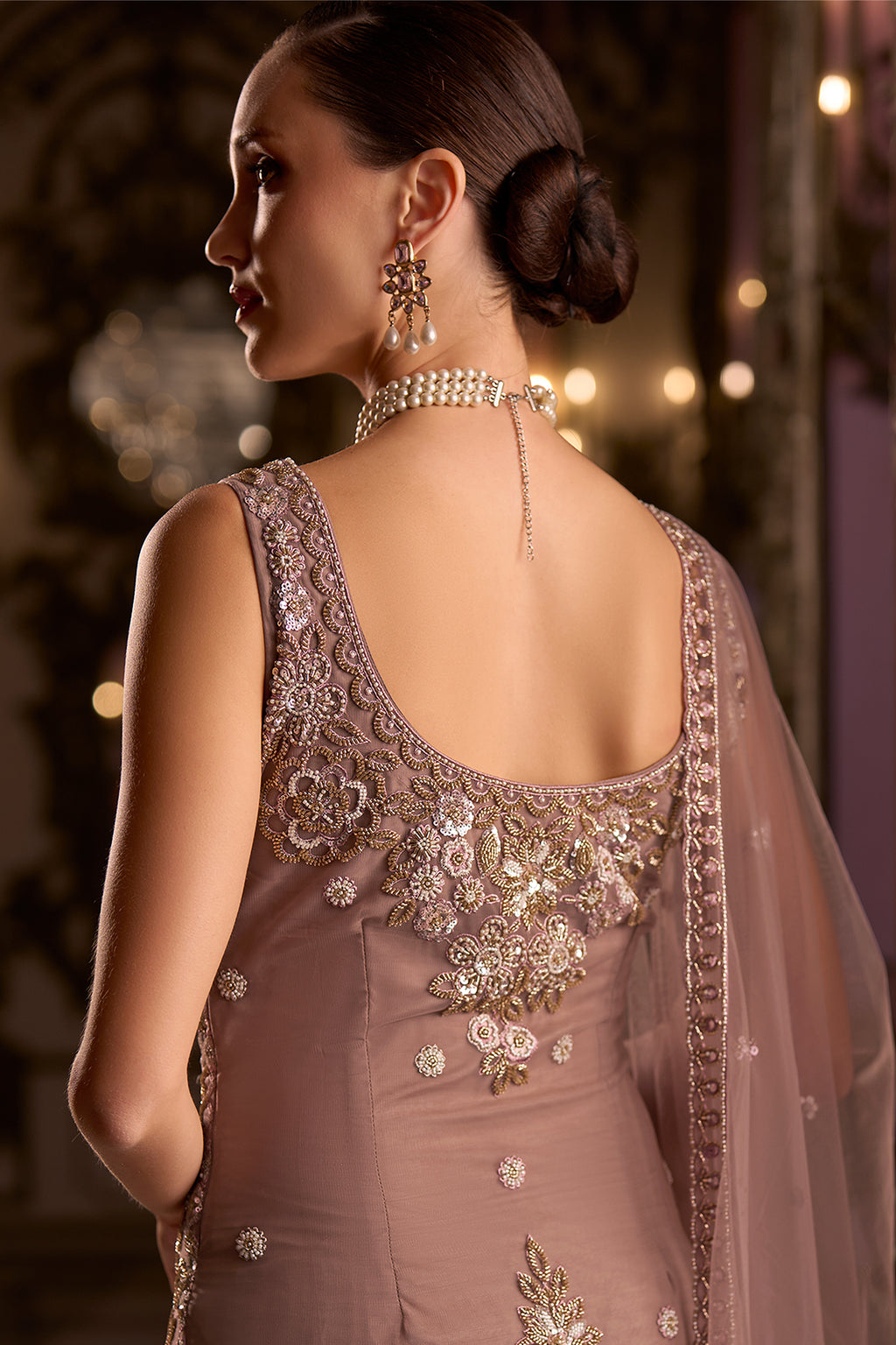 Rose Net Sequin Embellished Straight Suit with Flared Bottoms