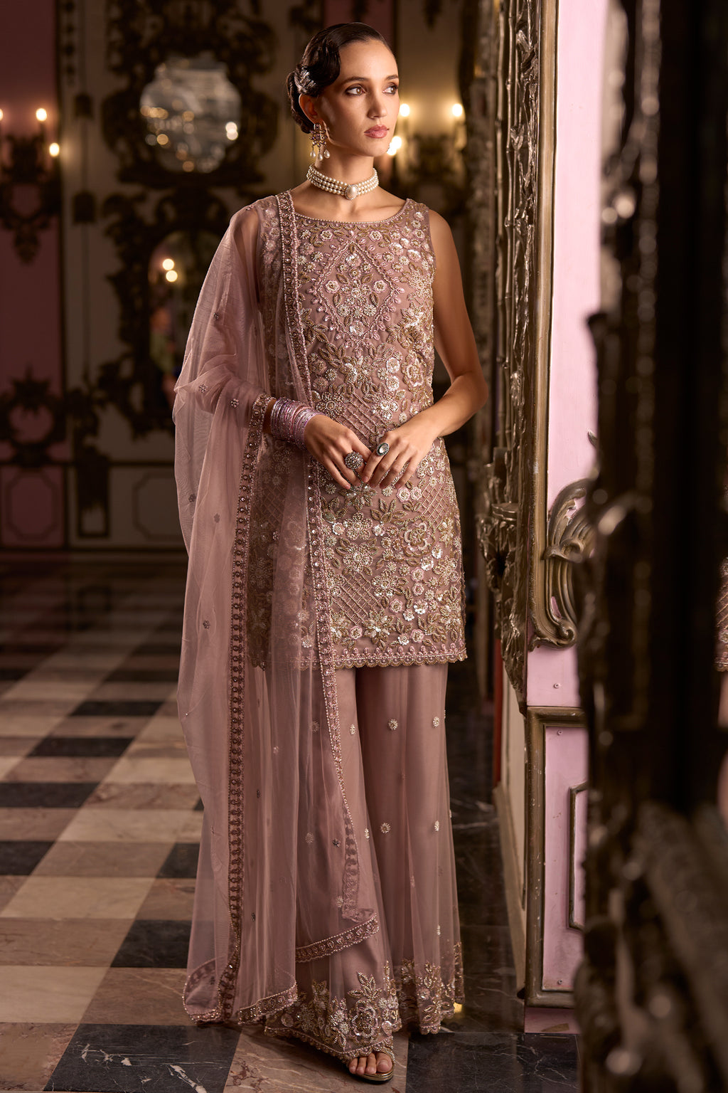 Rose Net Sequin Embellished Straight Suit with Flared Bottoms