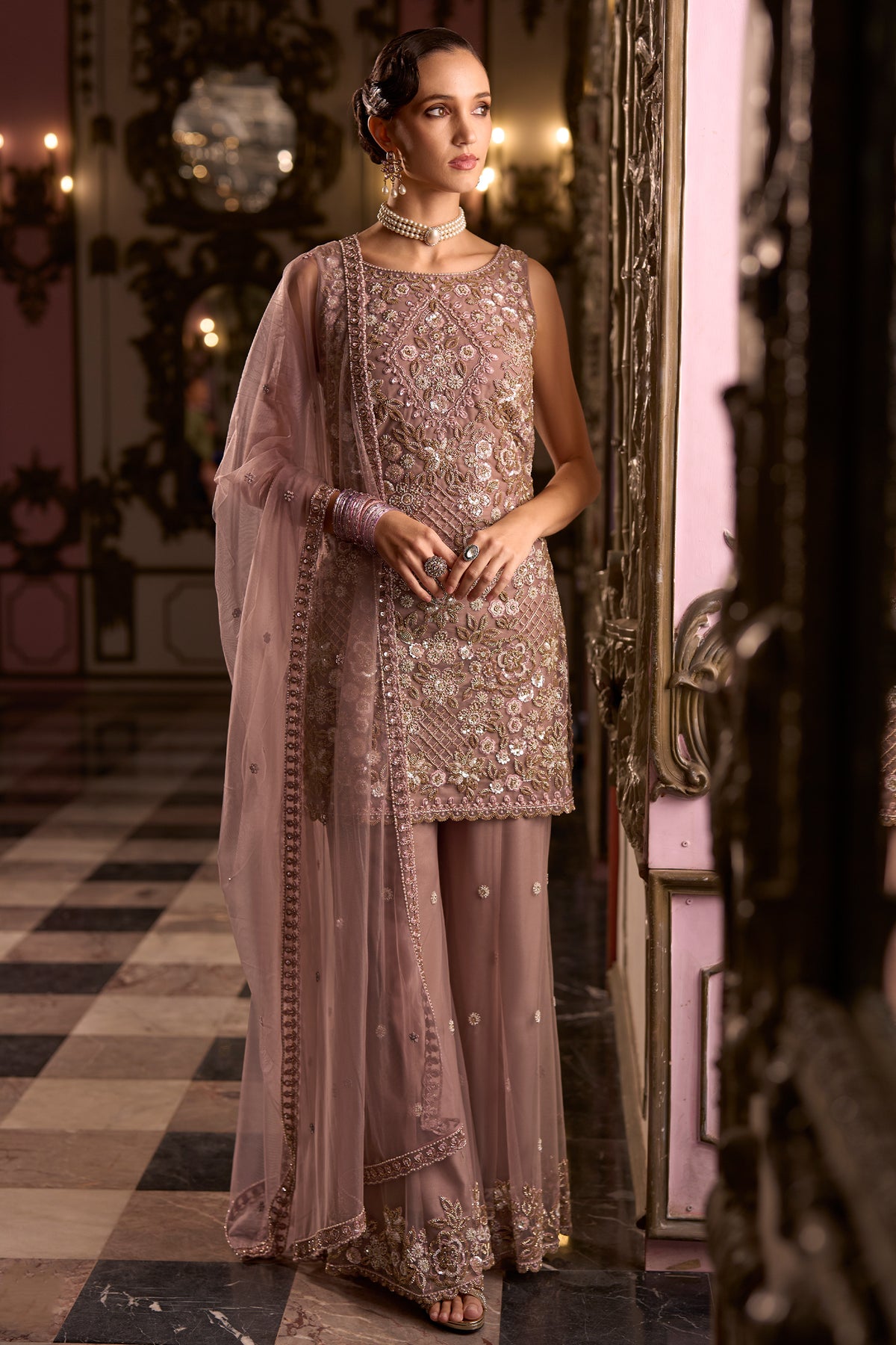 Rose Net Sequin Embellished Straight Suit with Flared Bottoms