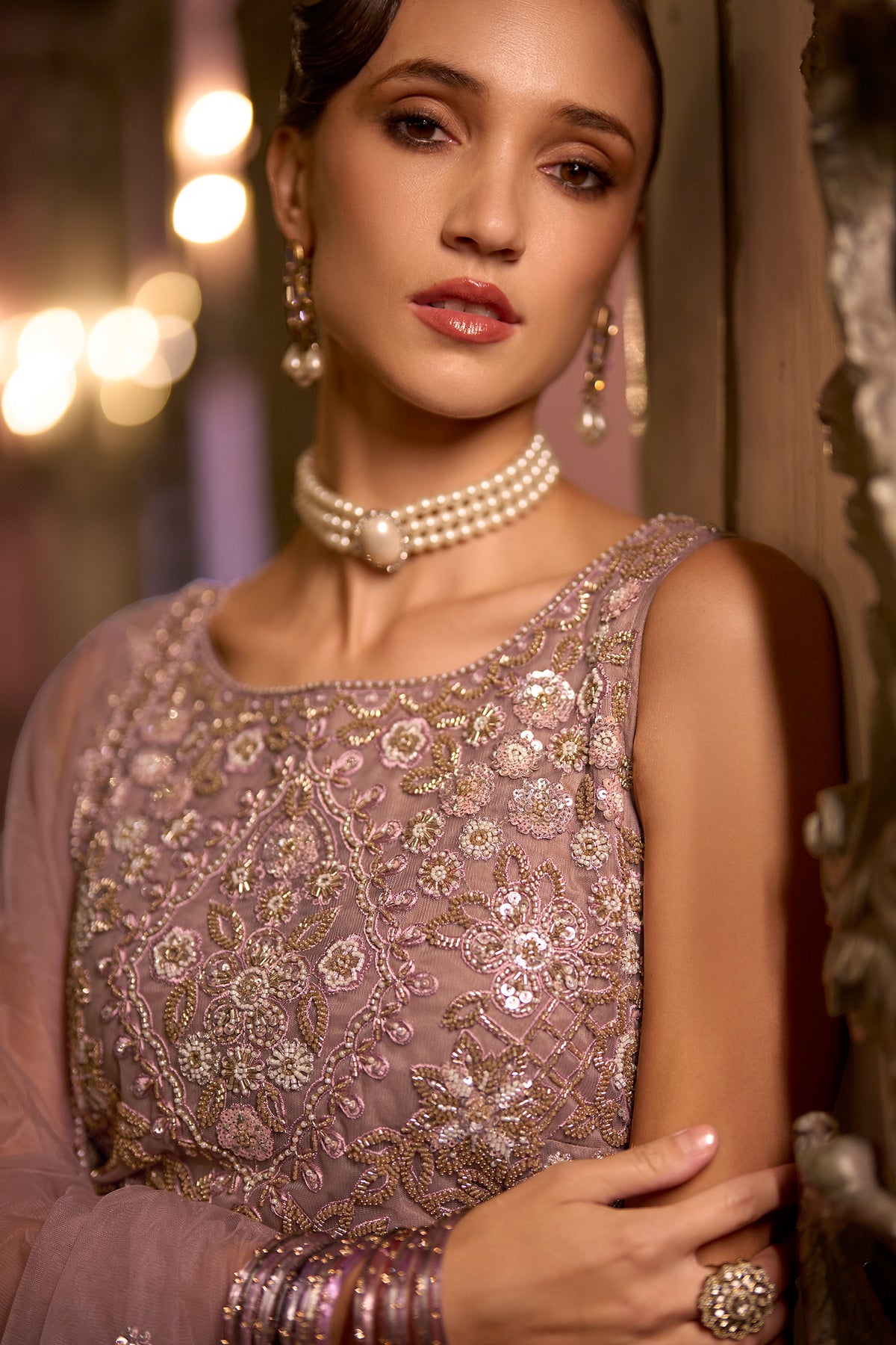Rose Net Sequin Embellished Straight Suit with Flared Bottoms