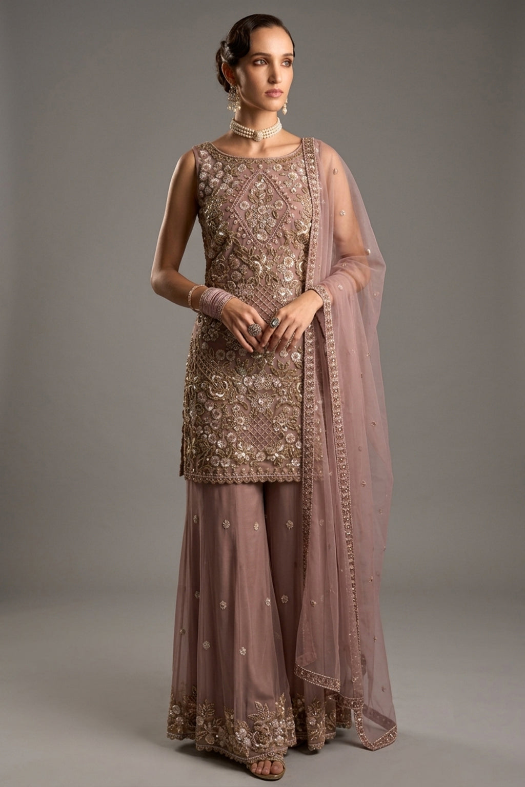 Rose Net Sequin Embellished Straight Suit with Flared Bottoms