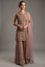 Rose Net Sequin Embellished Straight Suit with Flared Bottoms