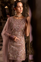 Rose Net Sequin Embellished Straight Suit with Flared Bottoms