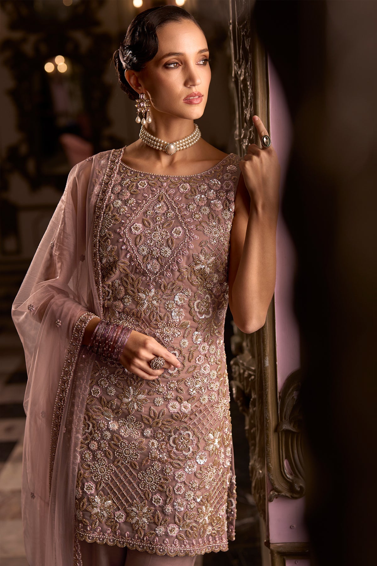 Rose Net Sequin Embellished Straight Suit with Flared Bottoms