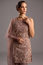 Rose Net Sequin Embellished Straight Suit with Flared Bottoms