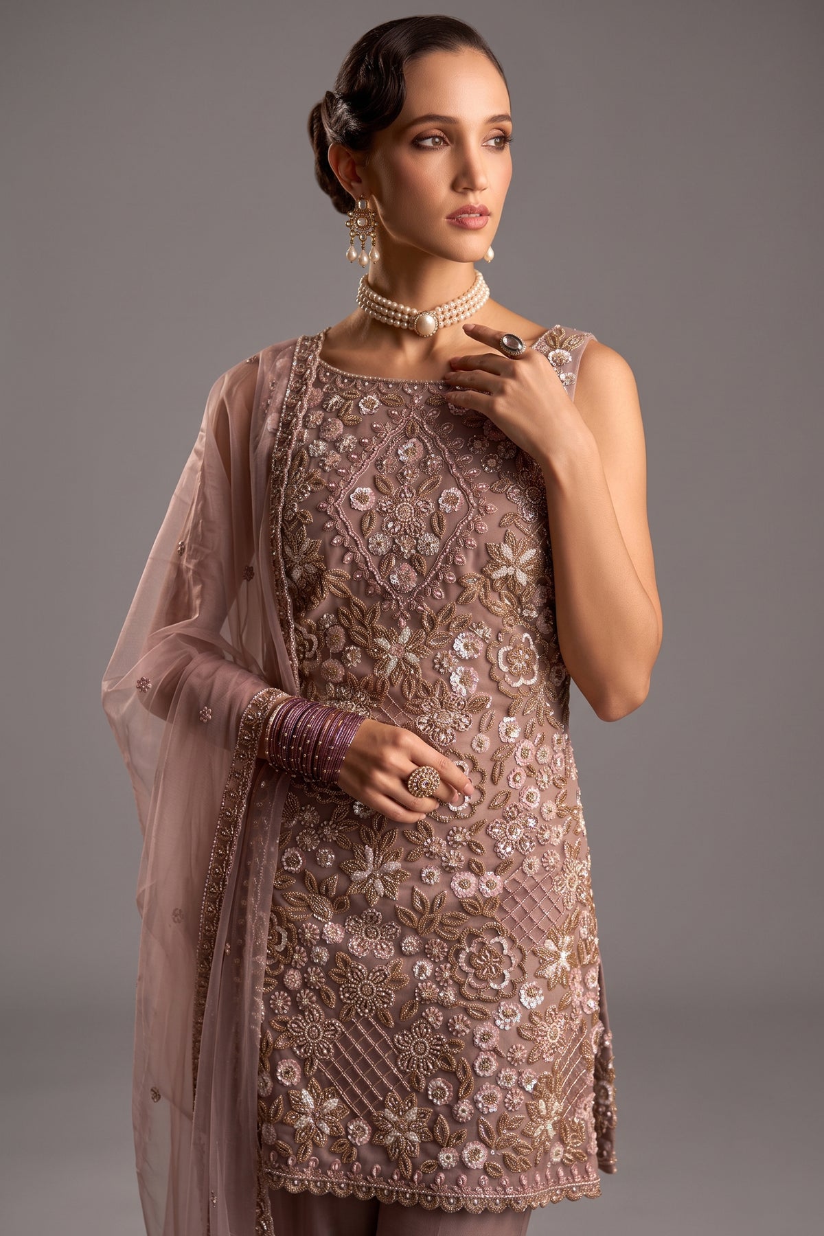 Rose Net Sequin Embellished Straight Suit with Flared Bottoms