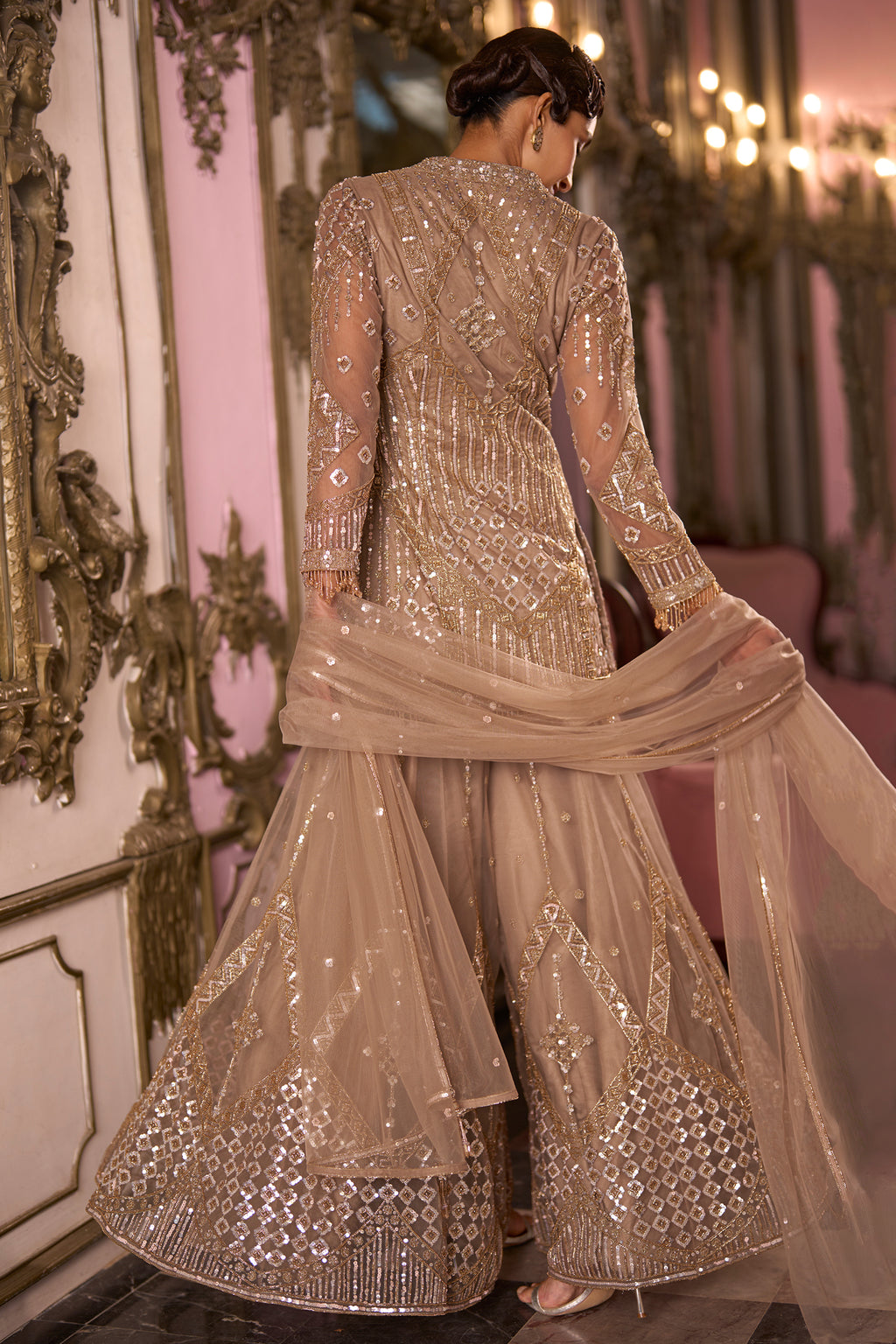 Ivory Gold Net Front-Slit Embroidered Suit with Flared Sharara