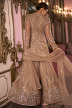 Ivory Gold Net Front-Slit Embroidered Suit with Flared Sharara