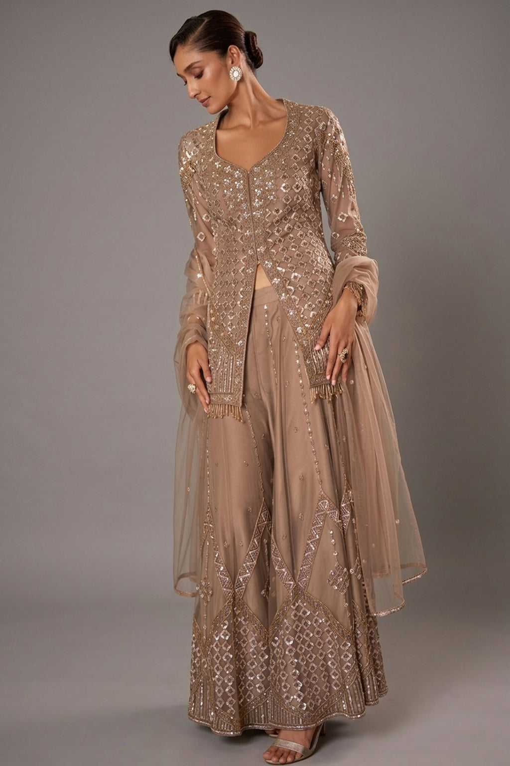 Ivory Gold Net Front-Slit Embroidered Suit with Flared Sharara