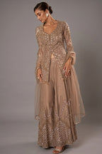 Ivory Gold Net Front-Slit Embroidered Suit with Flared Sharara