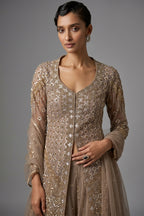 Ivory Gold Net Front-Slit Embroidered Suit with Flared Sharara