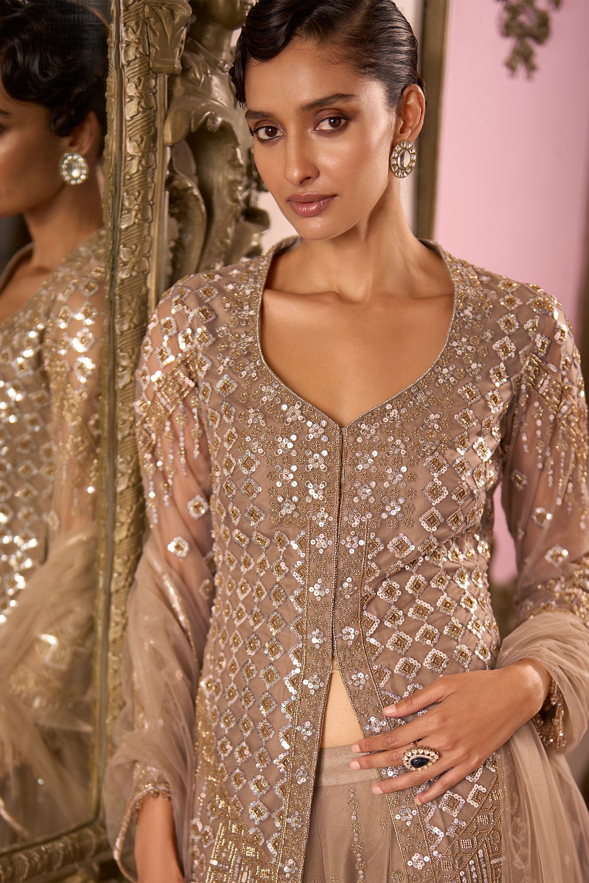 Ivory Gold Net Front-Slit Embroidered Suit with Flared Sharara
