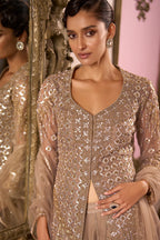 Ivory Gold Net Front-Slit Embroidered Suit with Flared Sharara