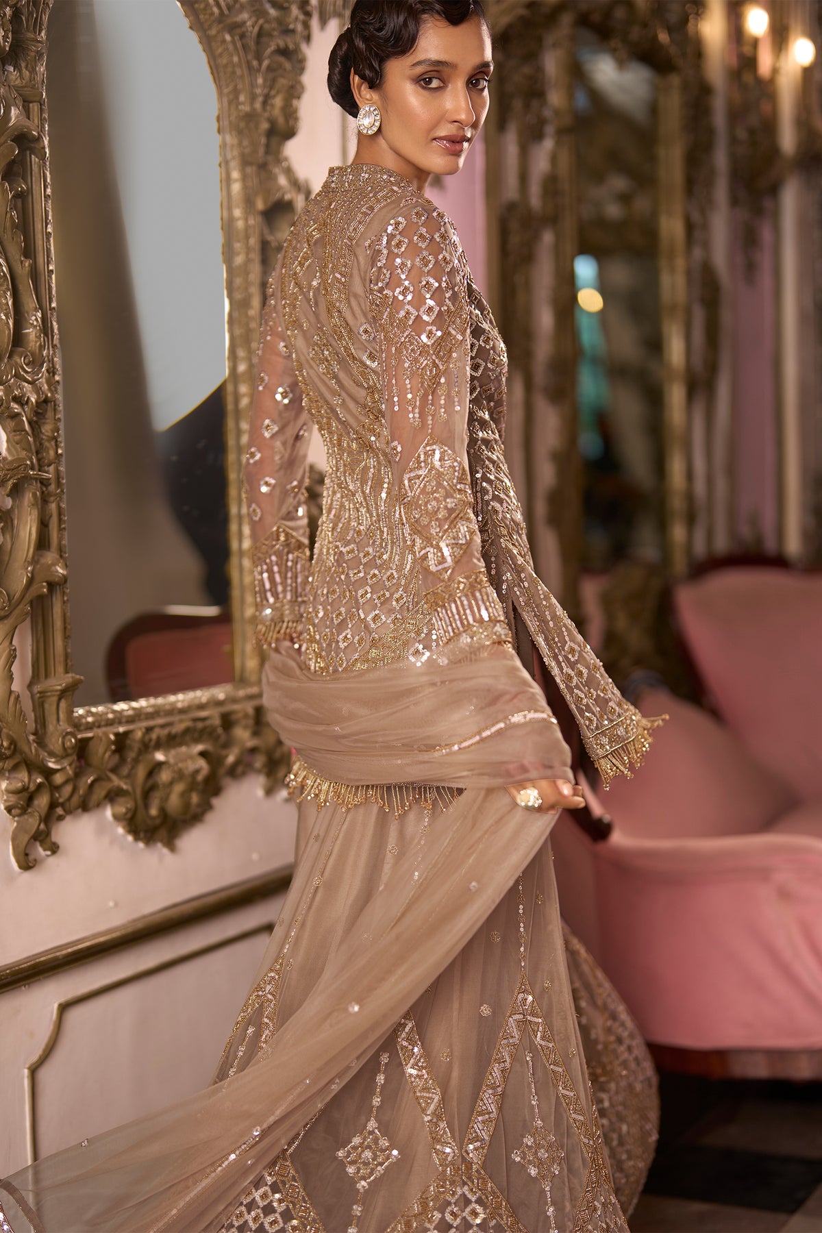 Ivory Gold Net Front-Slit Embroidered Suit with Flared Sharara