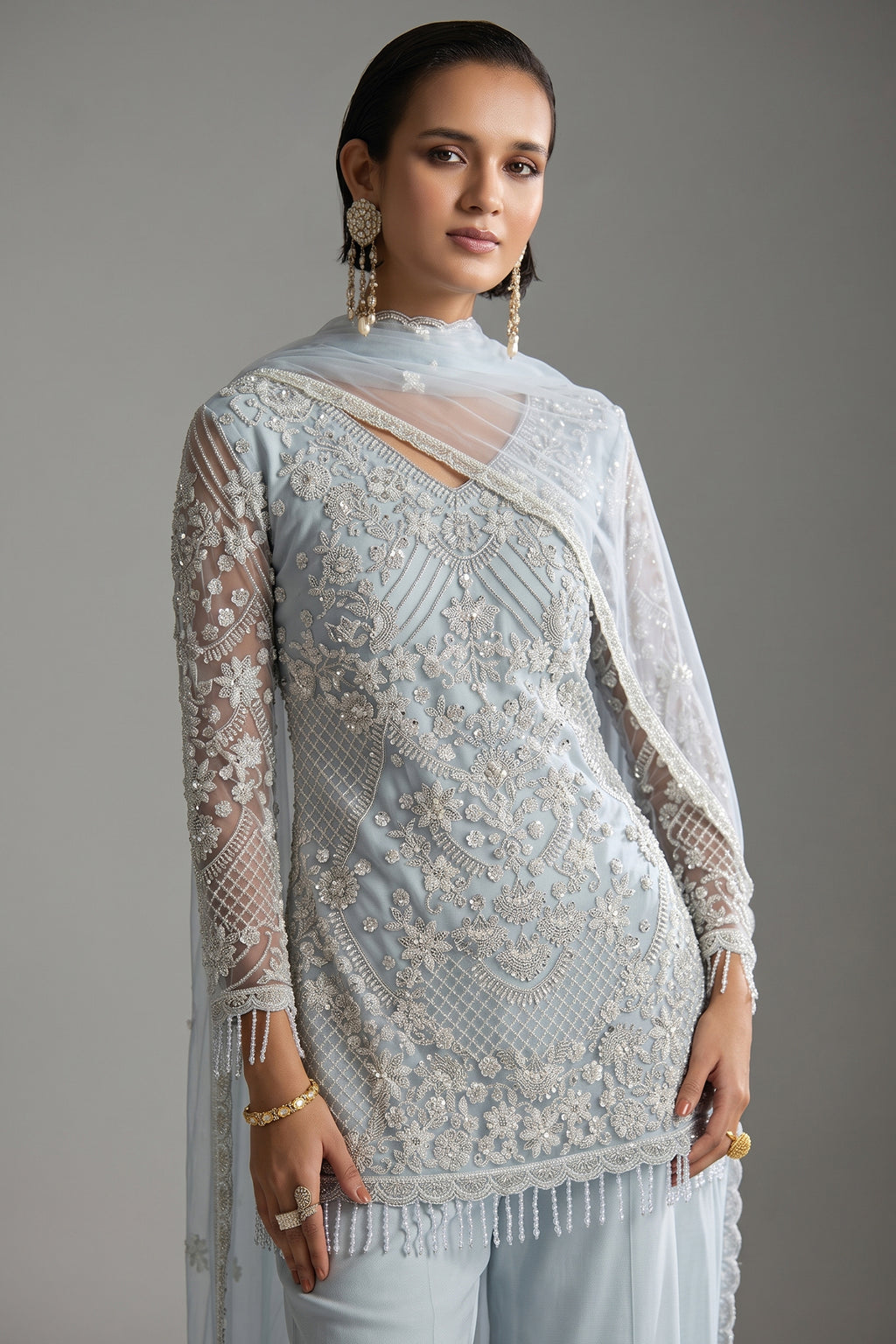Ivory Silver Net Embroidered Suit